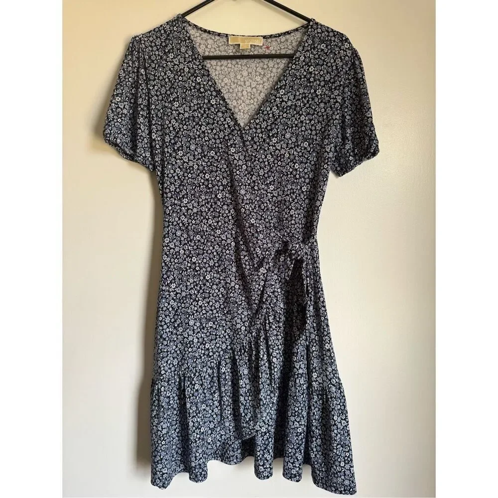 Michael Kors Womens Blue Floral Wrap Front Vneck Tiered Dress sz XS Feminine
